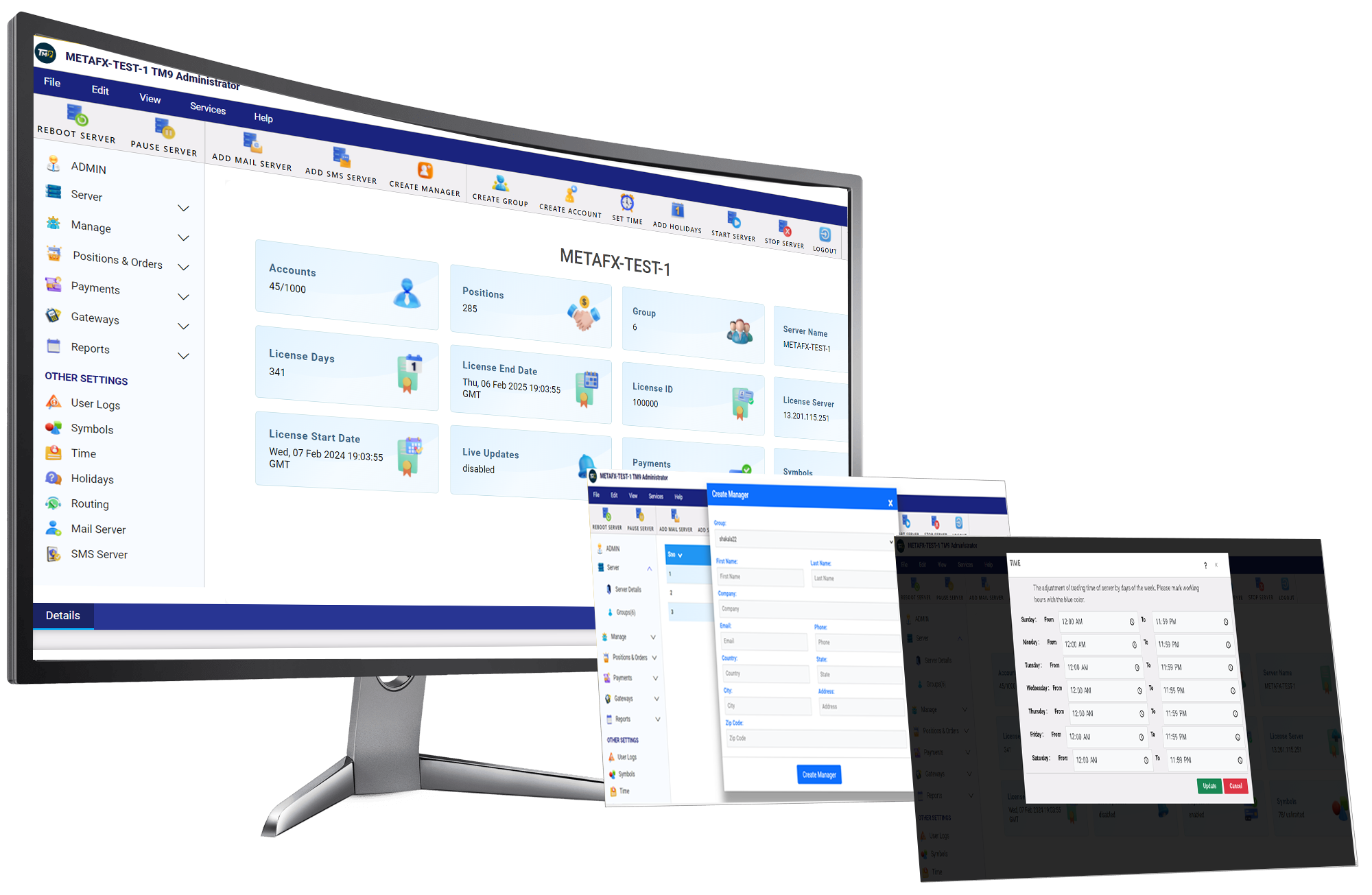 Manage funds, financial instruments, access levels, along with other parameters via the administrator terminal