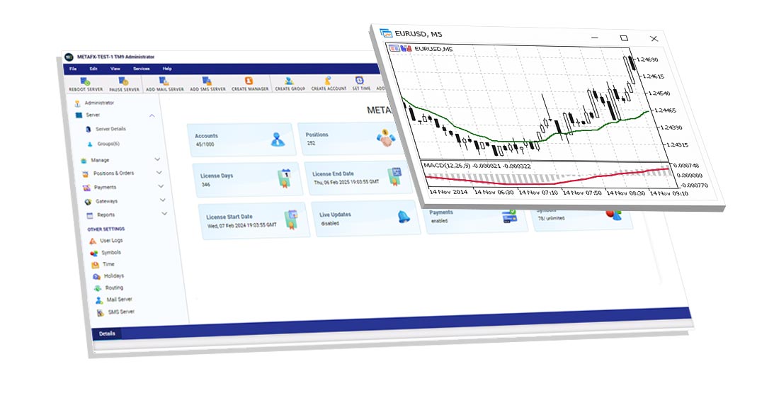 Trade Master 9 allows applying technical indicators directly on charts